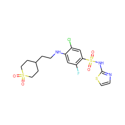 O=S1(=O)CCC(CCNc2cc(F)c(S(=O)(=O)Nc3nccs3)cc2Cl)CC1 ZINC001772656562