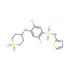 O=S1(=O)CCC(Nc2cc(F)c(S(=O)(=O)Nc3nccs3)cc2Cl)CC1 ZINC001772656623