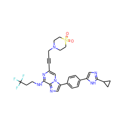 O=S1(=O)CCN(CC#Cc2cn3c(-c4ccc(-c5cnc(C6CC6)[nH]5)cc4)cnc3c(NCCC(F)(F)F)n2)CC1 ZINC000146826785