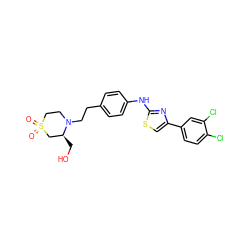 O=S1(=O)CCN(CCc2ccc(Nc3nc(-c4ccc(Cl)c(Cl)c4)cs3)cc2)[C@@H](CO)C1 ZINC000096274009