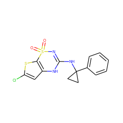 O=S1(=O)N=C(NC2(c3ccccc3)CC2)Nc2cc(Cl)sc21 ZINC000038157782