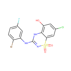 O=S1(=O)N=C(Nc2cc(F)ccc2Br)Nc2c(O)cc(Cl)cc21 ZINC000028822696