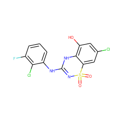 O=S1(=O)N=C(Nc2cccc(F)c2Cl)Nc2c(O)cc(Cl)cc21 ZINC000028822694