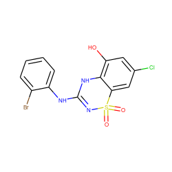 O=S1(=O)N=C(Nc2ccccc2Br)Nc2c(O)cc(Cl)cc21 ZINC000028822688