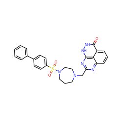 O=c1[nH][nH]c2nc(CN3CCCN(S(=O)(=O)c4ccc(-c5ccccc5)cc4)CC3)nc3cccc1c32 ZINC000059281521