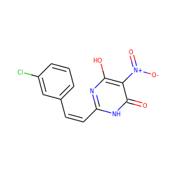 O=c1[nH]c(/C=C\c2cccc(Cl)c2)nc(O)c1[N+](=O)[O-] ZINC000013124695