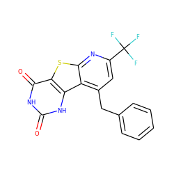 O=c1[nH]c(=O)c2sc3nc(C(F)(F)F)cc(Cc4ccccc4)c3c2[nH]1 ZINC000004686863