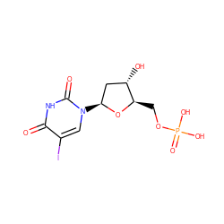 O=c1[nH]c(=O)n([C@H]2C[C@H](O)[C@@H](COP(=O)(O)O)O2)cc1I ZINC000012501916