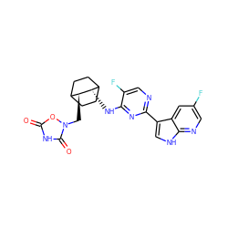 O=c1[nH]c(=O)n(C[C@H]2C3CCC(CC3)[C@@H]2Nc2nc(-c3c[nH]c4ncc(F)cc34)ncc2F)o1 ZINC000299858239