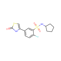 O=c1[nH]c(-c2ccc(F)c(S(=O)(=O)NC3CCCC3)c2)cs1 ZINC000299867558