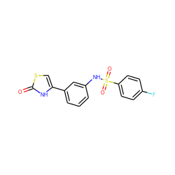 O=c1[nH]c(-c2cccc(NS(=O)(=O)c3ccc(F)cc3)c2)cs1 ZINC000095602810