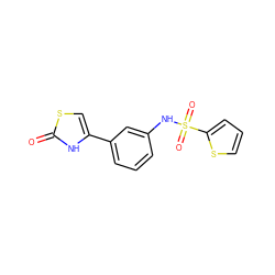 O=c1[nH]c(-c2cccc(NS(=O)(=O)c3cccs3)c2)cs1 ZINC000095605059