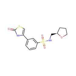 O=c1[nH]c(-c2cccc(S(=O)(=O)NC[C@H]3CCCO3)c2)cs1 ZINC000299868137