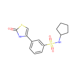 O=c1[nH]c(-c2cccc(S(=O)(=O)NC3CCCC3)c2)cs1 ZINC000263621288