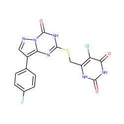 O=c1[nH]c(CSc2nc3c(-c4ccc(F)cc4)cnn3c(=O)[nH]2)c(Cl)c(=O)[nH]1 ZINC000103288864