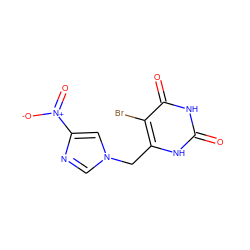 O=c1[nH]c(Cn2cnc([N+](=O)[O-])c2)c(Br)c(=O)[nH]1 ZINC000013607781