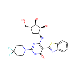 O=c1[nH]c(N2CCC(F)(F)CC2)nc(N[C@@H]2C[C@H](CO)[C@@H](O)[C@H]2O)c1-c1nc2ccccc2s1 ZINC000473112939