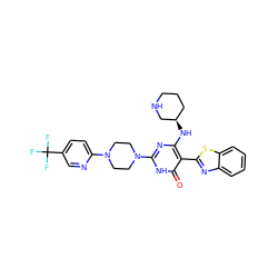 O=c1[nH]c(N2CCN(c3ccc(C(F)(F)F)cn3)CC2)nc(N[C@@H]2CCCNC2)c1-c1nc2ccccc2s1 ZINC001772639676