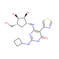 O=c1[nH]c(NC2CCC2)nc(N[C@@H]2C[C@H](CO)[C@@H](O)[C@H]2O)c1-c1cscn1 ZINC000205766956