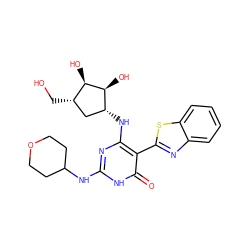 O=c1[nH]c(NC2CCOCC2)nc(N[C@@H]2C[C@H](CO)[C@@H](O)[C@H]2O)c1-c1nc2ccccc2s1 ZINC001772604021