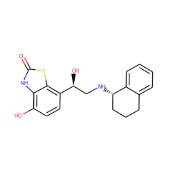 O=c1[nH]c2c(O)ccc([C@@H](O)CN[C@H]3CCCc4ccccc43)c2s1 ZINC000058582478