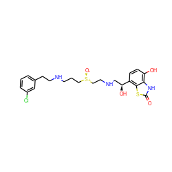 O=c1[nH]c2c(O)ccc([C@@H](O)CNCC[S@+]([O-])CCCNCCc3cccc(Cl)c3)c2s1 ZINC000072177795