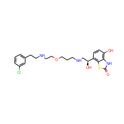 O=c1[nH]c2c(O)ccc([C@@H](O)CNCCCOCCNCCc3cccc(Cl)c3)c2s1 ZINC000072178337