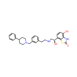 O=c1[nH]c2c(O)ccc([C@@H](O)CNCCc3cccc(CN4CCC(c5ccccc5)CC4)c3)c2s1 ZINC000073197340