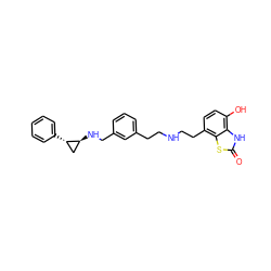 O=c1[nH]c2c(O)ccc(CCNCCc3cccc(CN[C@H]4C[C@@H]4c4ccccc4)c3)c2s1 ZINC000073197803