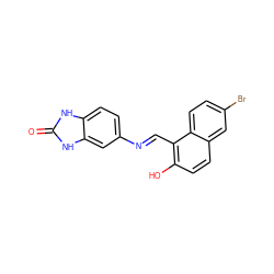 O=c1[nH]c2ccc(/N=C/c3c(O)ccc4cc(Br)ccc34)cc2[nH]1 ZINC000016384183