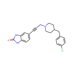 O=c1[nH]c2ccc(C#CCN3CCC(Cc4ccc(Cl)cc4)CC3)cc2[nH]1 ZINC000013813201