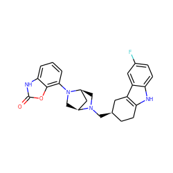 O=c1[nH]c2cccc(N3C[C@H]4C[C@@H]3CN4C[C@@H]3CCc4[nH]c5ccc(F)cc5c4C3)c2o1 ZINC000045245344