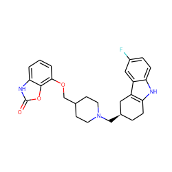 O=c1[nH]c2cccc(OCC3CCN(C[C@@H]4CCc5[nH]c6ccc(F)cc6c5C4)CC3)c2o1 ZINC000045244870