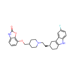 O=c1[nH]c2cccc(OCC3CCN(CC[C@@H]4CCc5[nH]c6ccc(F)cc6c5C4)CC3)c2o1 ZINC000045257997