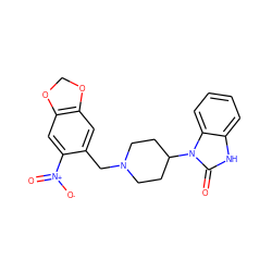 O=c1[nH]c2ccccc2n1C1CCN(Cc2cc3c(cc2[N+](=O)[O-])OCO3)CC1 ZINC000013864299