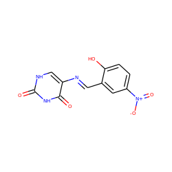 O=c1[nH]cc(/N=C/c2cc([N+](=O)[O-])ccc2O)c(=O)[nH]1 ZINC000002901539