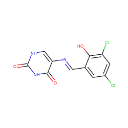 O=c1[nH]cc(/N=C/c2cc(Cl)cc(Cl)c2O)c(=O)[nH]1 ZINC000013118523