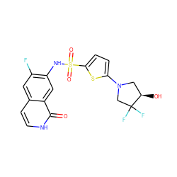 O=c1[nH]ccc2cc(F)c(NS(=O)(=O)c3ccc(N4C[C@@H](O)C(F)(F)C4)s3)cc12 ZINC001772597317