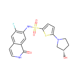 O=c1[nH]ccc2cc(F)c(NS(=O)(=O)c3ccc(N4CC[C@H](O)C4)s3)cc12 ZINC001772620133