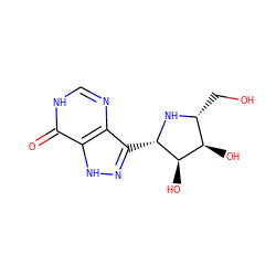 O=c1[nH]cnc2c([C@@H]3N[C@H](CO)[C@@H](O)[C@H]3O)n[nH]c12 ZINC000013525022