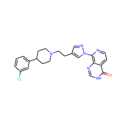 O=c1[nH]cnc2c(-n3cc(CCN4CCC(c5cccc(Cl)c5)CC4)cn3)nccc12 ZINC000653728054