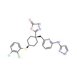 O=c1[nH]nc([C@]2(Cc3cccc(Nc4cc[nH]n4)n3)CC[C@@H](Sc3cccc(Cl)c3Cl)CC2)o1 ZINC001772570413