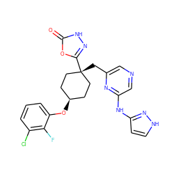 O=c1[nH]nc([C@]2(Cc3cncc(Nc4cc[nH]n4)n3)CC[C@@H](Oc3cccc(Cl)c3F)CC2)o1 ZINC001772649606