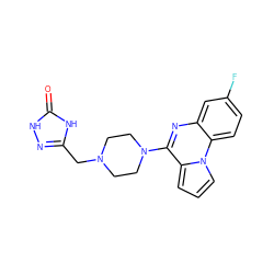 O=c1[nH]nc(CN2CCN(c3nc4cc(F)ccc4n4cccc34)CC2)[nH]1 ZINC000040881367