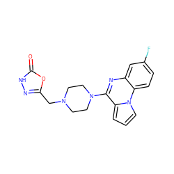 O=c1[nH]nc(CN2CCN(c3nc4cc(F)ccc4n4cccc34)CC2)o1 ZINC000040877564