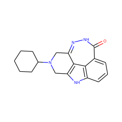 O=c1[nH]nc2c3c([nH]c4cccc1c43)CN(C1CCCCC1)C2 ZINC000150191368