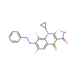 O=c1[nH]sc2c1c(=O)c1cc(F)c(NCc3ccccc3)c(F)c1n2C1CC1 ZINC000063298591