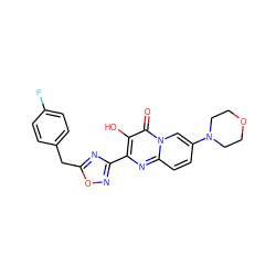 O=c1c(O)c(-c2noc(Cc3ccc(F)cc3)n2)nc2ccc(N3CCOCC3)cn12 ZINC000064526894