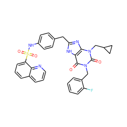 O=c1c2[nH]c(Cc3ccc(NS(=O)(=O)c4cccc5cccnc45)cc3)nc2n(CC2CC2)c(=O)n1Cc1ccccc1F ZINC000003838294