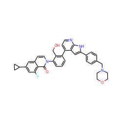 O=c1c2c(F)cc(C3CC3)cc2ccn1-c1cccc(-c2ccnc3[nH]c(-c4ccc(CN5CCOCC5)cc4)cc23)c1CO ZINC001772580560